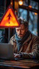 Obraz premium businessman, laptop, error notification, maintenance, concept, virus detection, warning, network security, 4K, HD wallpaper, AI-generated, technology, programming, employee, programmer, developer, tri