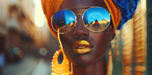 Beautiful African American woman in bright stylish clothes. Glamorous female model with artistic makeup. Creative colorful style