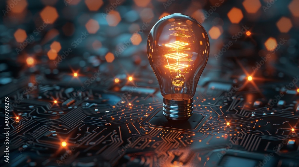 Poster technology and innovation: a 3d vector illustration of a glowing lightbulb surrounded by digital cir