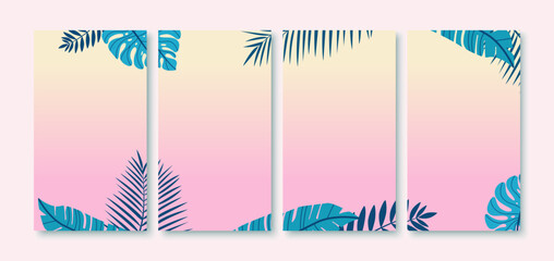 Summer background for social media stories with tropical leaves. Social media template stories in flat design. Stock illustration.
