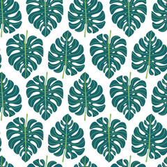 Seamless pattern with exotic leaves in flat design. Pattern with tropical leaves for fabric and wallpaper. Vector illustration.
