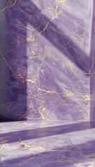 purple marble wall with golden cracks, light rays shining through the window, background for product presentation