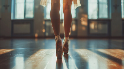 Rear view of the slender beautiful legs of a ballerina