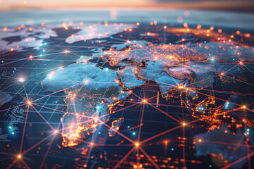 Fototapeta premium Map connecting worldwide data cloud computing tech concept abstract global transfer