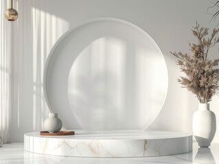 Minimalist White Marble Podium, front view focus, with a Clean Scandinavian Living Room Background
