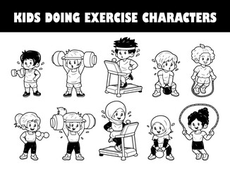 Kids doing exercise character vector outline illustration set