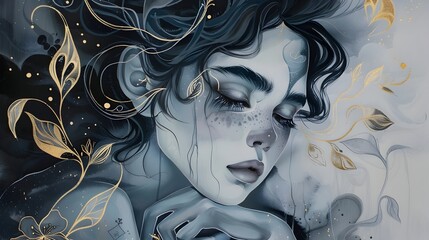 Ethereal Portrait of a Contemplative Mystical Woman Amidst Starry Night Atmosphere