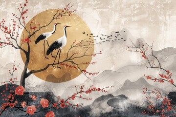 Chinese landscape with silhouettes of gold crane birds. Generative Ai