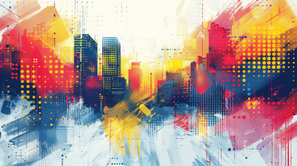 Colorful abstract art of a modern cityscape blending bright yellow, red, and blue tones with urban structures.