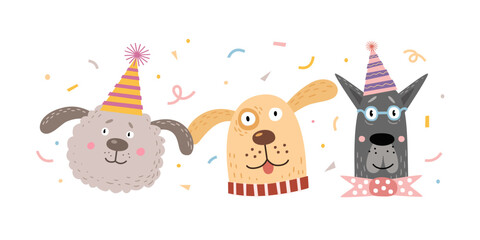 Heads of cute dogs of different breeds in caps. Funny cartoon pets on the holiday. Vector illustration in a flat style. Picture for the design of a children`s postcard, clothing, room, poster.