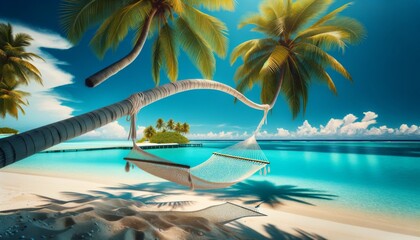 Fototapeta na wymiar Tropical Paradise with Hammock Between Palm Trees 