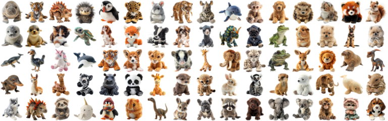 Big set of cute fluffy animal dolls for nursery and children toys, many animal plush dolls photo collection set, isolated background AIG44