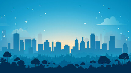 Fototapeta premium Stylized digital illustration of a blue-toned cityscape under a gradient sky, featuring simple geometric shapes.