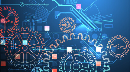 Gear wheel technology pattern on gradient background. Hand drawn vector.