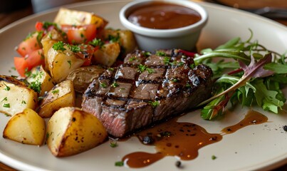 Steak With potatoes and fresh vegetables and steak sauce , Generative AI