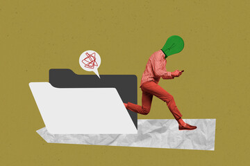 Creative image collage young headless running smart man idea concept think decide solve smartphone...
