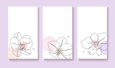 Collection of stylish botanical background templates with copy space for social media. Orchid flower continuous line vector illustration
