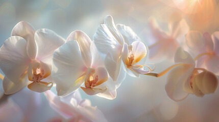 the ethereal beauty of an orchid in soft, diffused light, with its translucent petals and delicate...