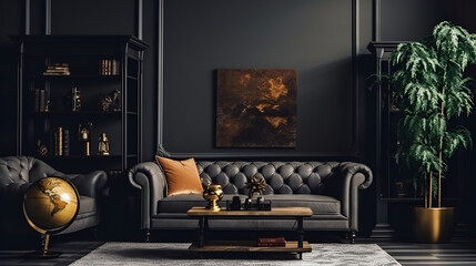 Frame mockup in home interior luxury modern dark living room Generative Ai
