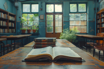 An open textbook lies forgotten on a desk in an empty classroom, its pages fluttering gently in a...