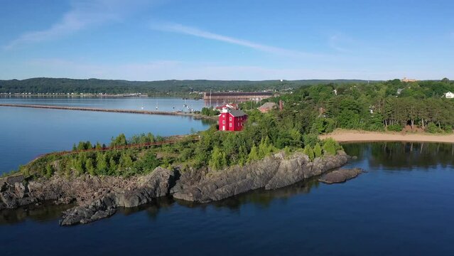 Drone shot of Marquette Harbor Lighthouse is located on Lake Superior in Marquette, Michigan, USA