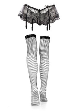 Detail shot of black fishnet stockings with a lace garter belt with a pattern and bows. The stockings with a belt have a shape of woman's legs.The sexy lingerie is isolated on the white background. Ba