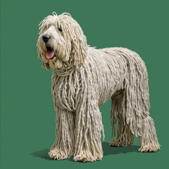 A Komondor with a white corded coat stands against a green background. AI Generative