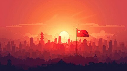 Fototapeta premium A stunning sunrise backdrop over a cityscape, highlighted by a silhouetted waving national flag.