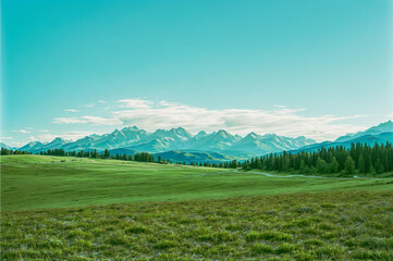 Fototapeta premium A lush green field sits in the foreground, with a mountain range visible in the background. AI Generative