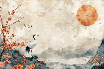 Chinese landscape with silhouettes of gold crane birds. Generative Ai