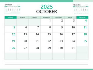 Calendar 2025 template vector on green background, October 2025 template, Planner, week start on Sunday,  Desk calendar 2025 design, minimal wall calendar, Corporate planner template vector