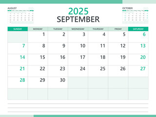 Calendar 2025 template vector on green background, September 2025 template, Planner, week start on Sunday,  Desk calendar 2025 design, minimal wall calendar, Corporate planner template vector