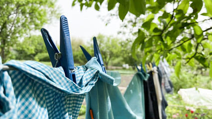 washing, outdoors, under the trees