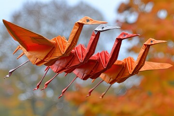 Naklejka premium A Flock of Origami Cranes Soaring Through a Clear Autumn Sky