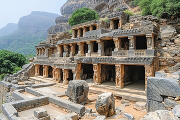 Fototapeta premium Majestic Fortress: Ancient Ruins Revealing Intricate Carvings and Hidden Passageways