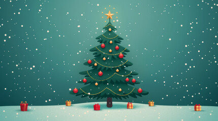 A beautifully decorated Christmas tree under gentle snowfall against a teal background.