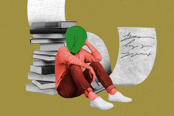 Creative image collage young headless man lightbulb face dilemma think letter author bookworm...