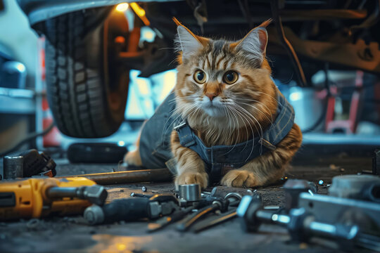 Mechanic cat working under a car in a garage with tools.