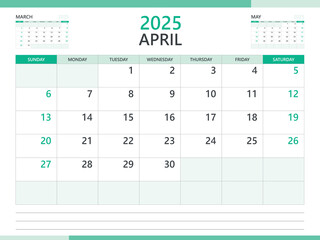 Calendar 2025 template vector on green background, April 2025 template, Planner, week start on Sunday,  Desk calendar 2025 design, minimal wall calendar, Corporate planner template vector