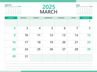 Calendar 2025 template vector on green background, March 2025 template, Planner, week start on Sunday,  Desk calendar 2025 design, minimal wall calendar, Corporate planner template vector