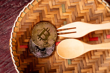 Bitcoins in a wooden basket