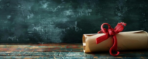 A single rolled up diploma sits on a wooden table. The diploma is tied with a red ribbon. Behind the diploma is a chalkboard.