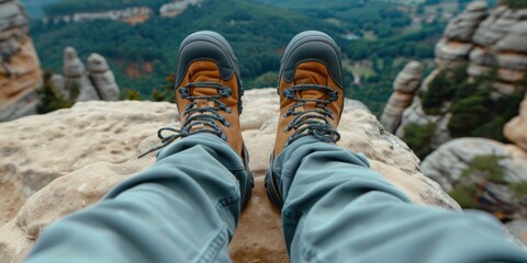 Legs with hiking boots overlooking a breathtaking valley