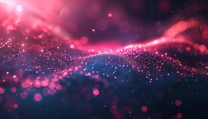 A beautiful abstract background of glowing pink and blue particles. The particles are arranged in a wave-like pattern, and the background is a deep blue color.