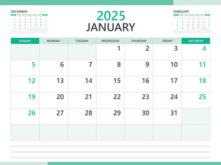 Calendar 2025 template vector on green background, January 2025 template, Planner, week start on Sunday,  Desk calendar 2025 design, minimal wall calendar, Corporate planner template vector