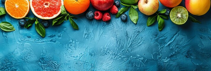 A variety of fresh fruits on a blue background. The fruits include oranges, grapefruits, apples,...