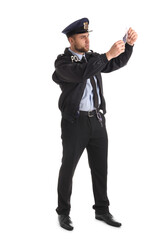 Male police officer with evidence on white background