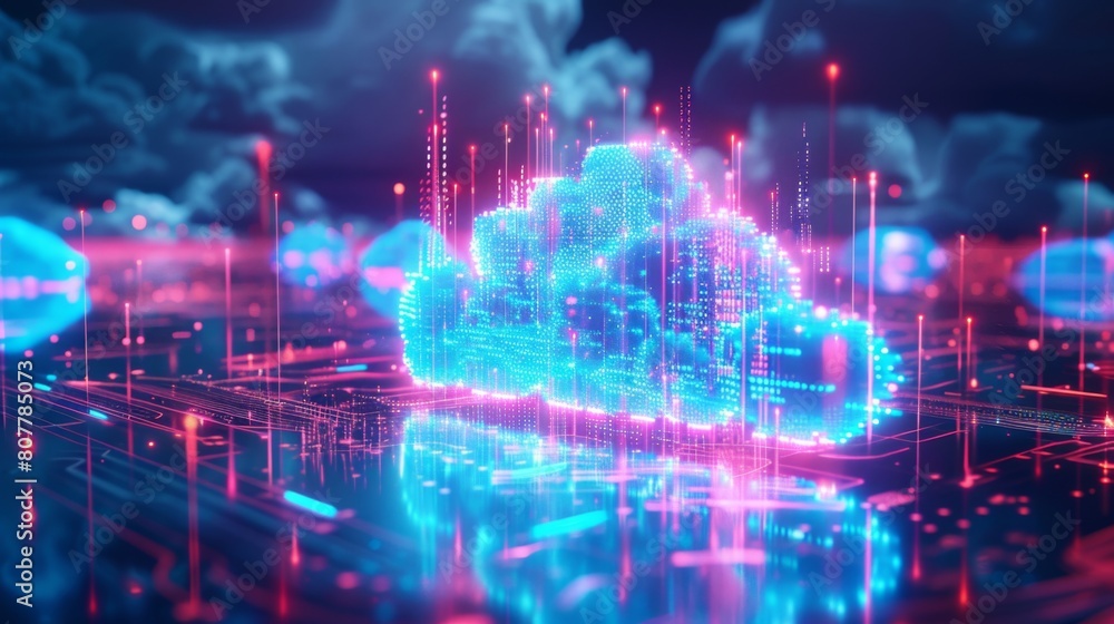 Poster 3d abstract background of cloud storage or server room with glowing data