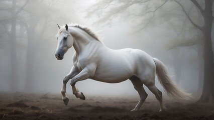 Obraz premium Majestic White Horse: Frontal Portrait with Hazy Background