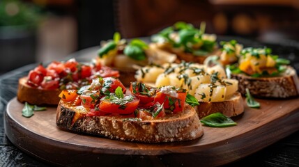 Wooden plate holds bruschetta with various toppings